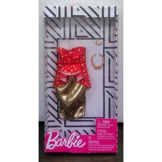 Glamorous red polka dot Barbie fashion set with gold accents