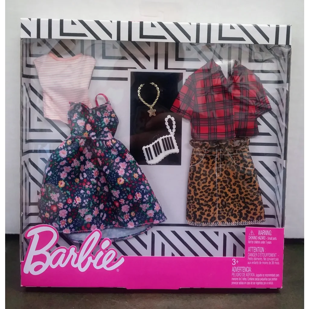 Barbie fashion set with floral dress and plaid shirt skirt outfit
