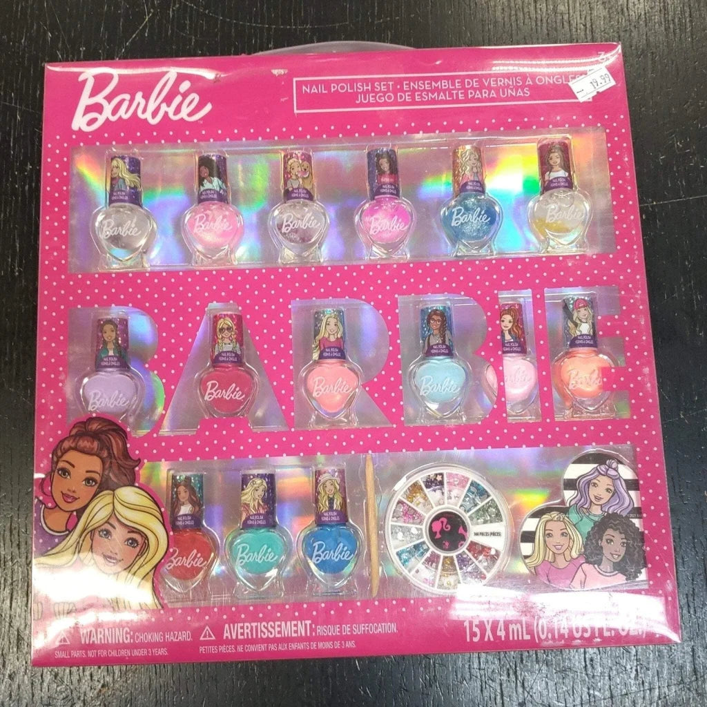 Barbie nail polish set in pink polka-dot box with 15 heart bottles