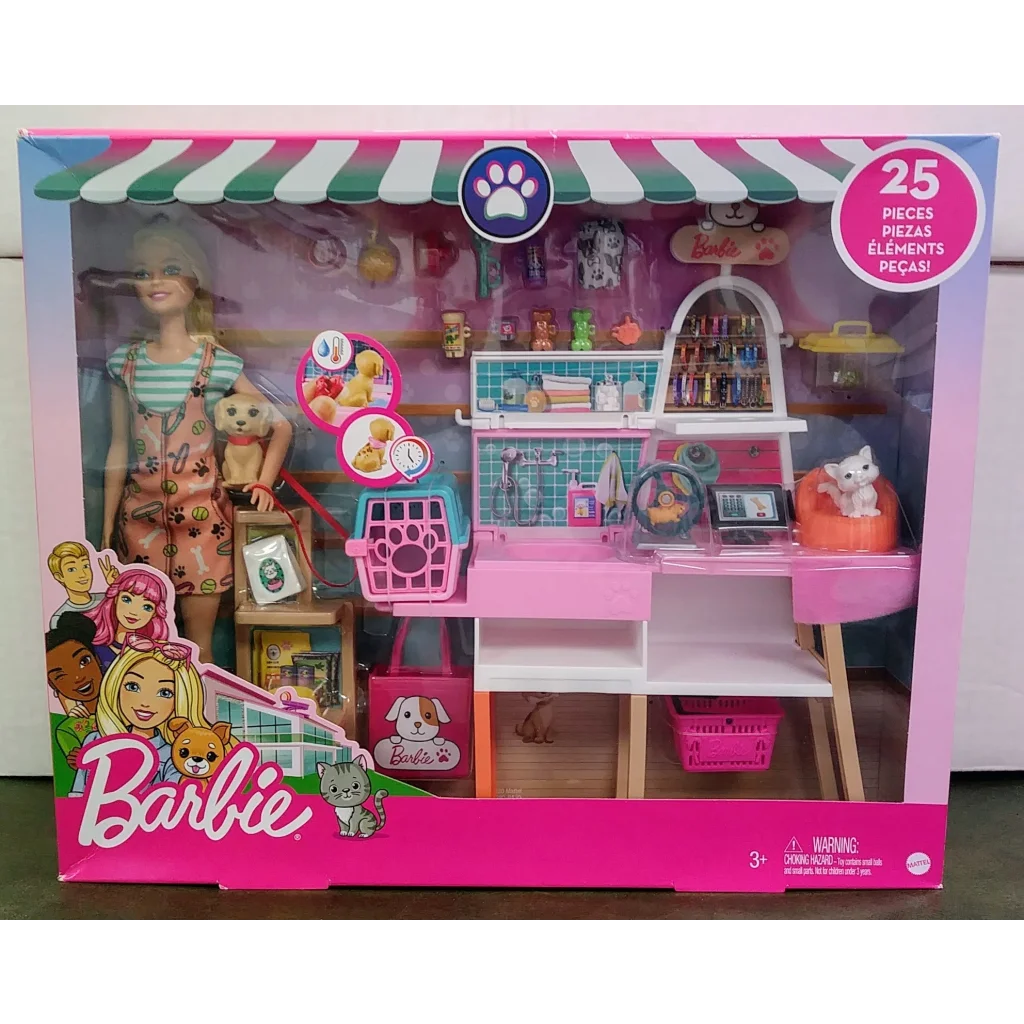 Barbie playset pet boutique salon with doll in green apron