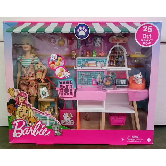 Barbie playset pet boutique salon with doll in green apron