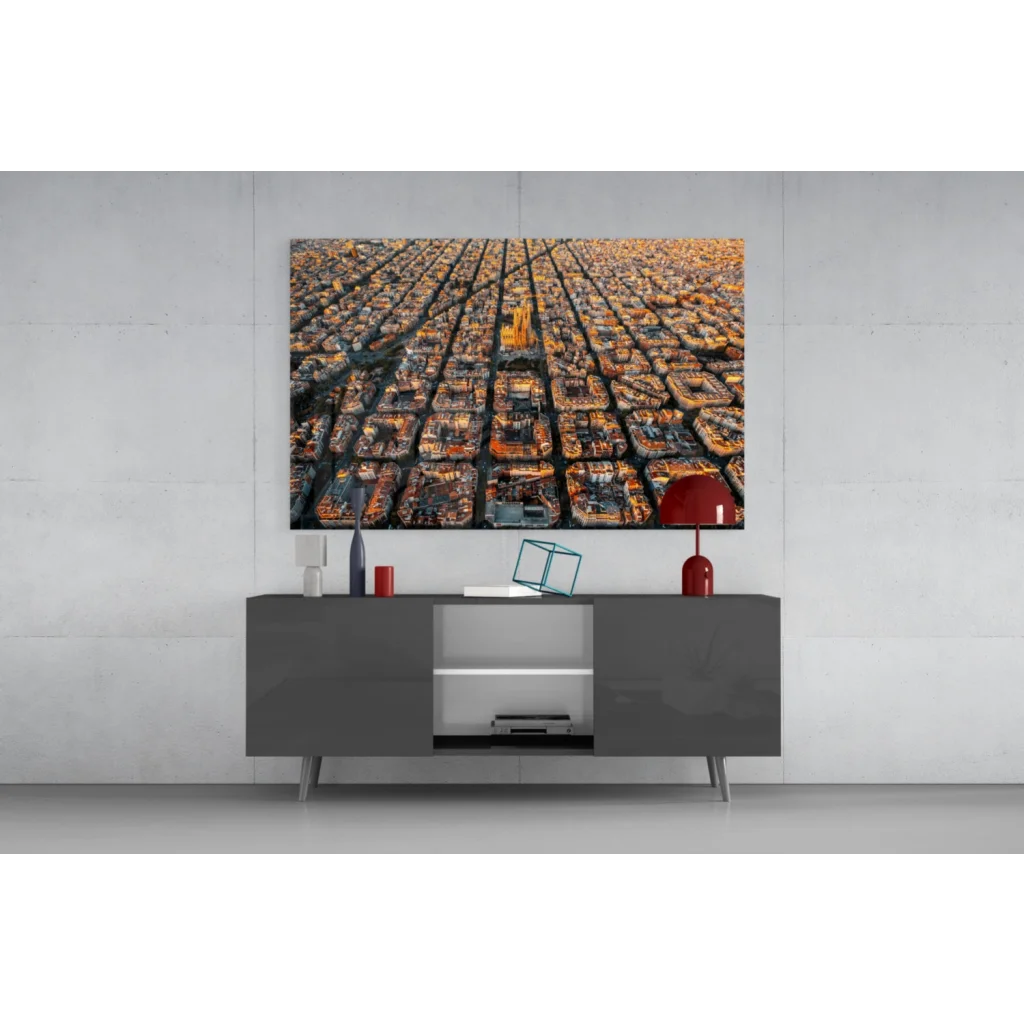 Vibrant aerial cityscape glass wall art with golden buildings and central yellow structure