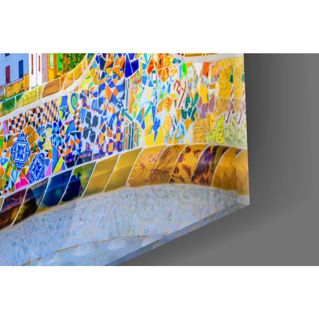 Vibrant Park Güell Barcelona mosaic glass wall art with colorful sunset tower tiles