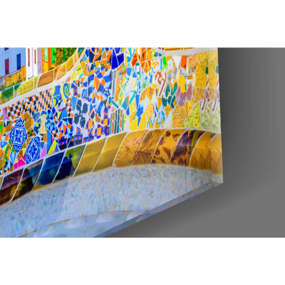 Vibrant Park Güell Barcelona mosaic glass wall art with colorful sunset tower tiles