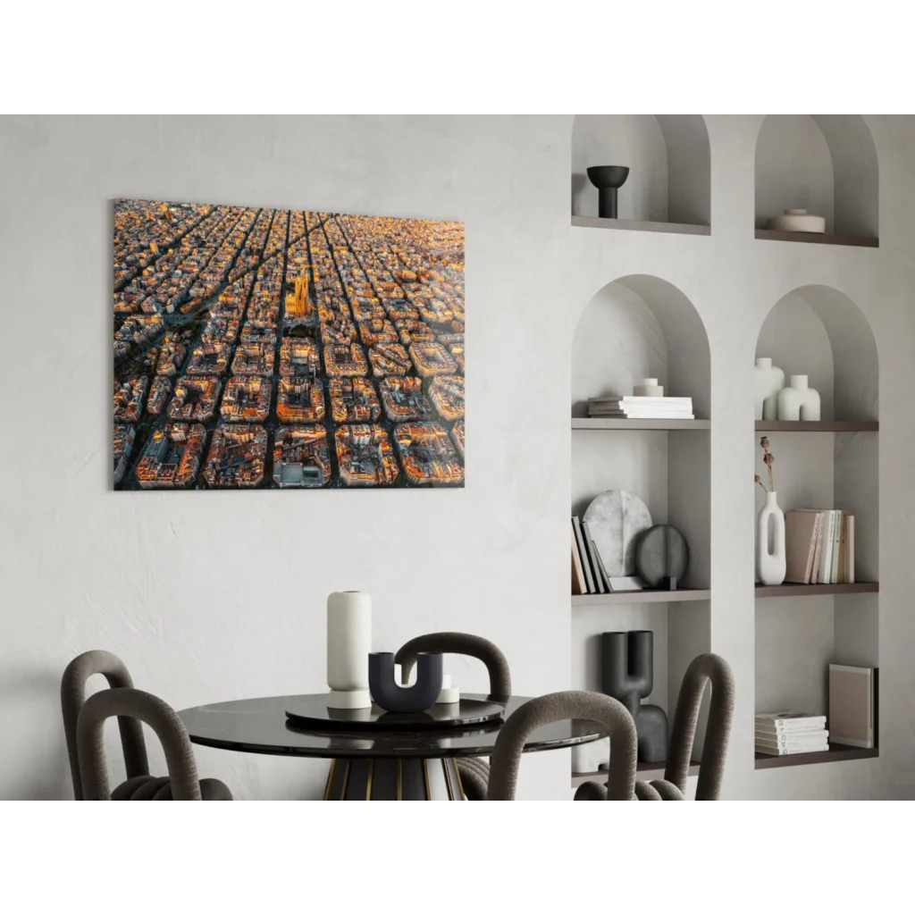 Aerial city grid glass wall art print in warm orange tones