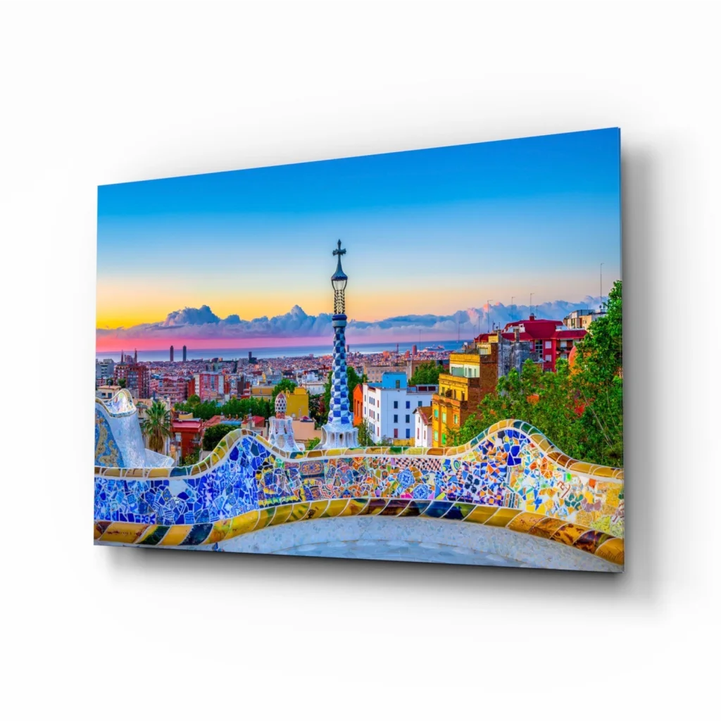 Park Guell Barcelona Mosaic Glass Wall Art Sunset Tower Print | Insigneart USA | vintageantiquesgifts.com