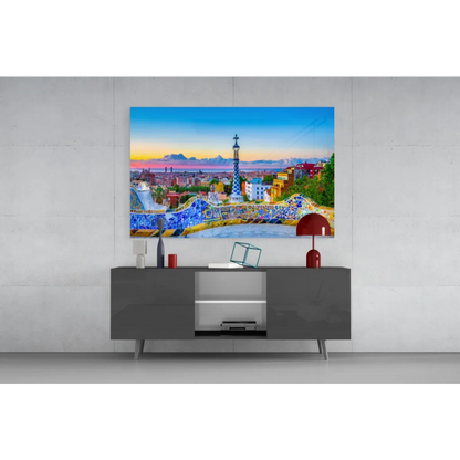 Vibrant Park Güell mosaic glass wall art with sunset tower pathway