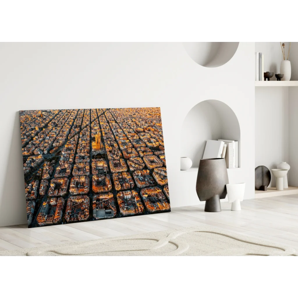 Stunning aerial cityscape glass wall art print with yellow building
