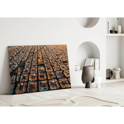 Stunning aerial cityscape glass wall art print with yellow building