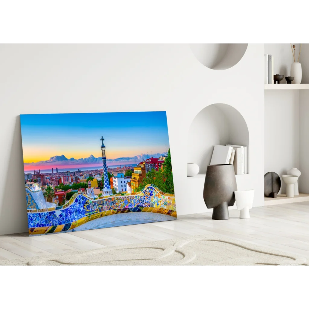 Park Guell Barcelona Mosaic Glass Wall Art Sunset Tower Print | Modern Wall Art Decor | vintageantiquesgifts.com