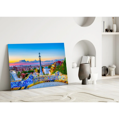 Park Guell Barcelona Mosaic Glass Wall Art Sunset Tower Print | Modern Wall Art Decor | vintageantiquesgifts.com
