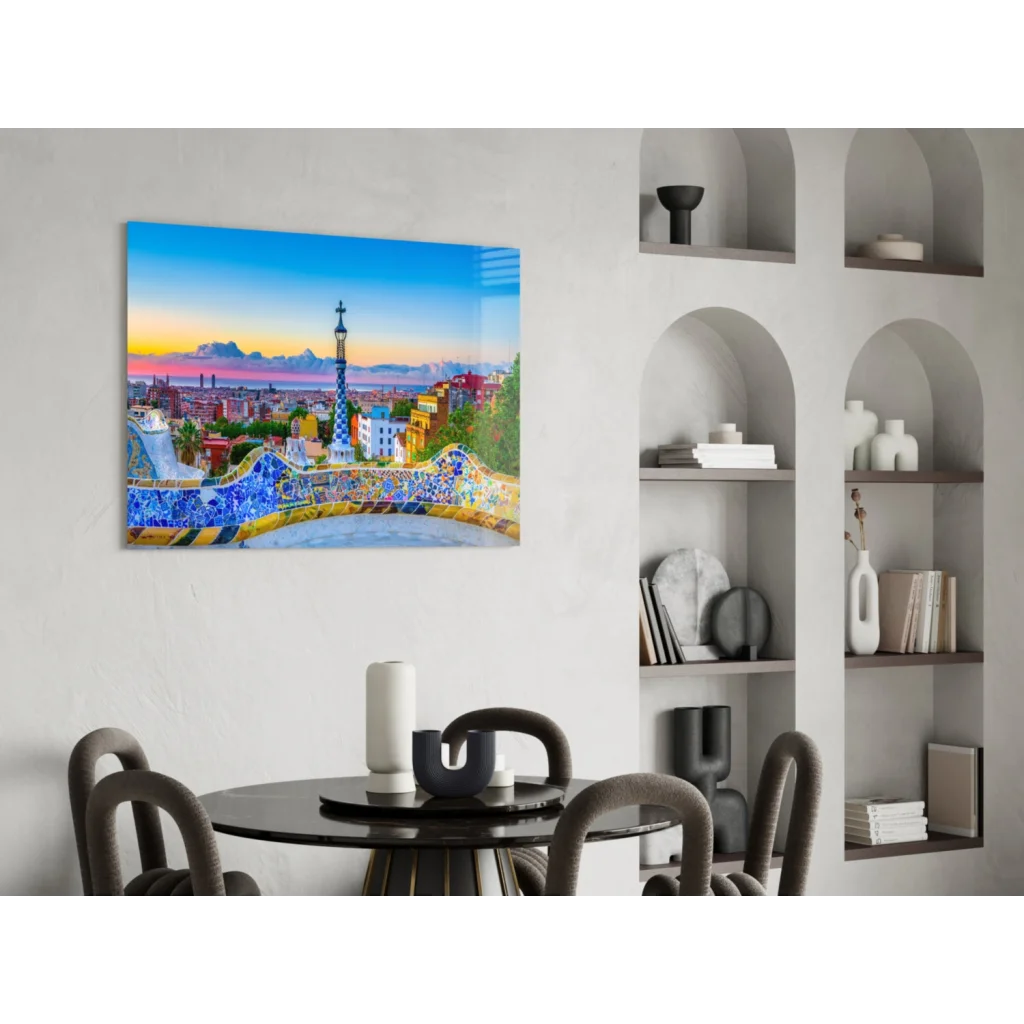 Vibrant blue yellow mosaic of Park Güell bridge glass wall art on white wall
