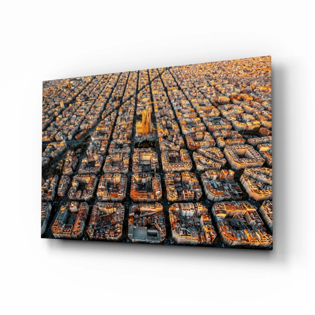 Aerial view glass wall art print of golden cityscape on canvas
