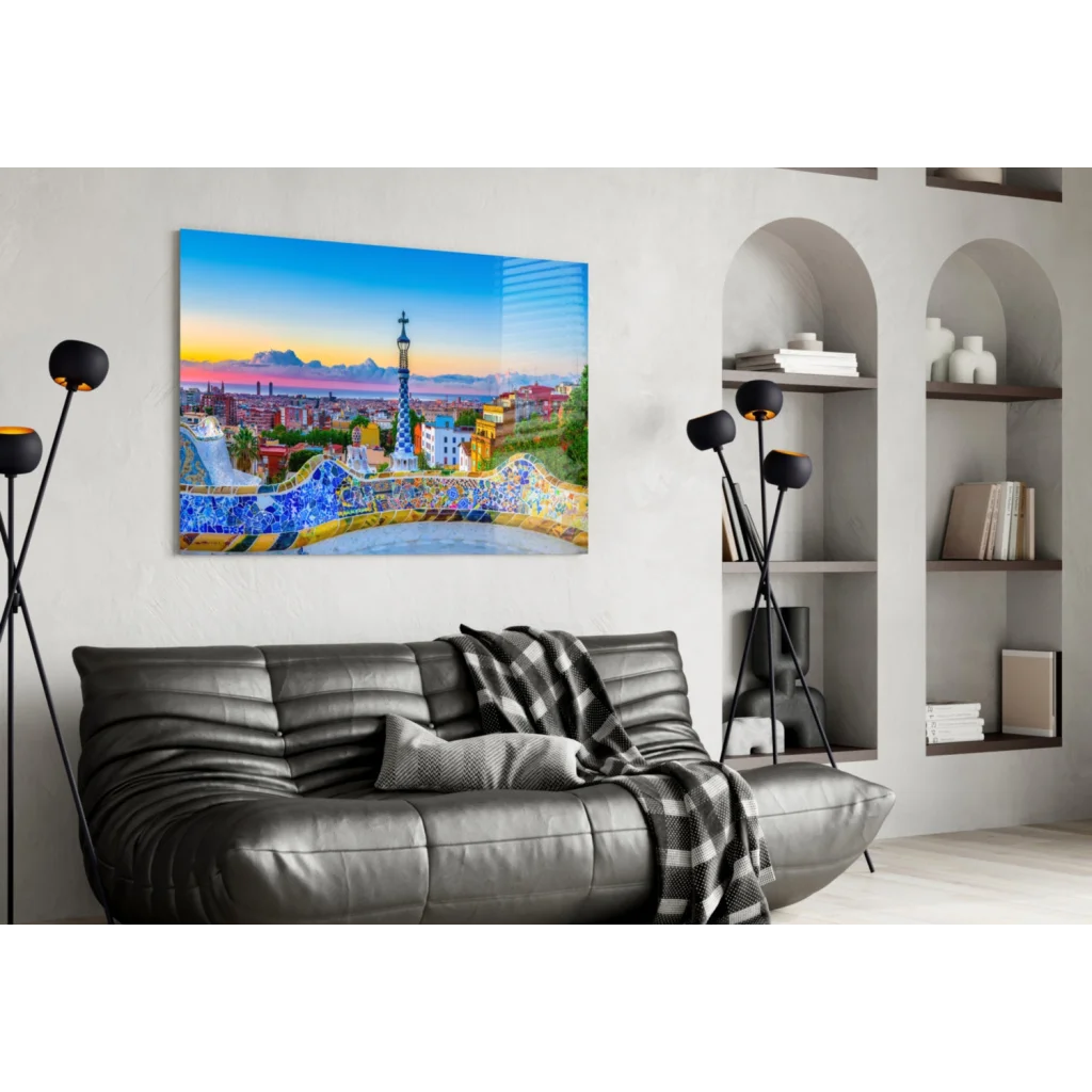 Park Guell Barcelona Mosaic Glass Wall Art Sunset Tower Print | Contemporary Home Wall Art | vintageantiquesgifts.com
