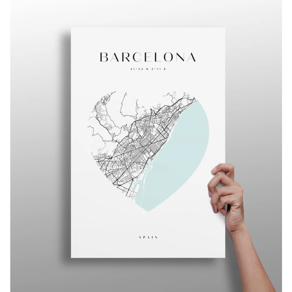Minimalist Barcelona map poster in teal and white on aluminum print