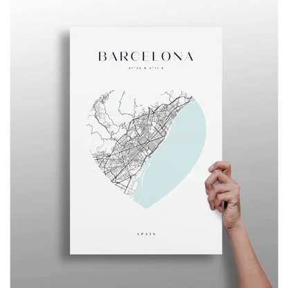 Minimalist Barcelona map poster in teal and white on aluminum print