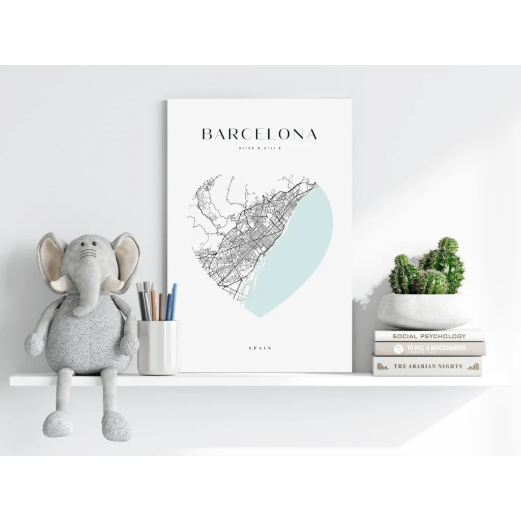 Teal-accented Barcelona city map poster on white background