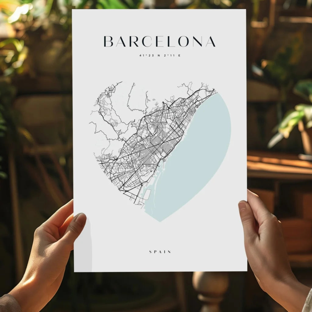 White minimalist Barcelona map poster on teal aluminum print