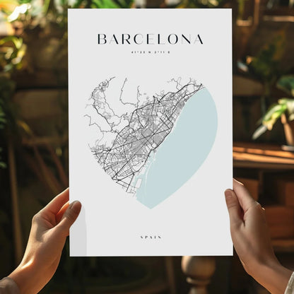 White minimalist Barcelona map poster on teal aluminum print