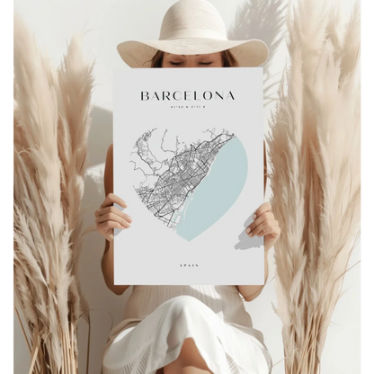 White pampas grass Barcelona map art print in teal and white