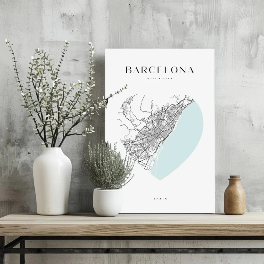 Teal and white Barcelona map print with white vase, green plant, wooden bottle on shelf