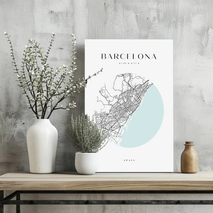 Minimalist Barcelona map on insigne aluminum print with blue sea accent