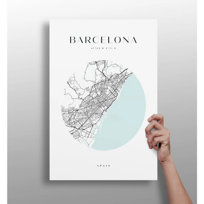 Minimalist Barcelona map insigne aluminum print with sea accent