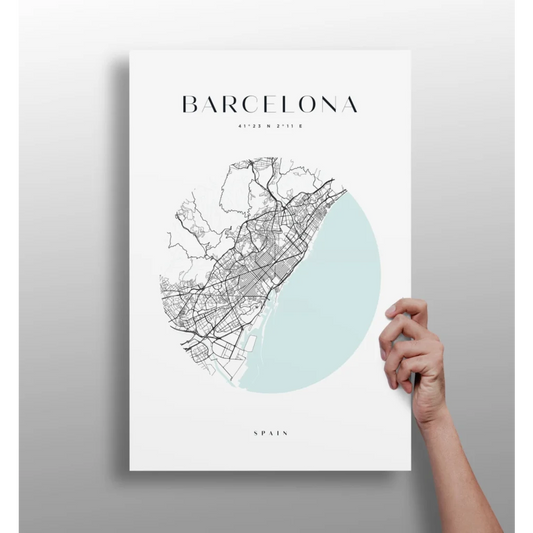 Minimalist Barcelona map insigne aluminum print with sea accent