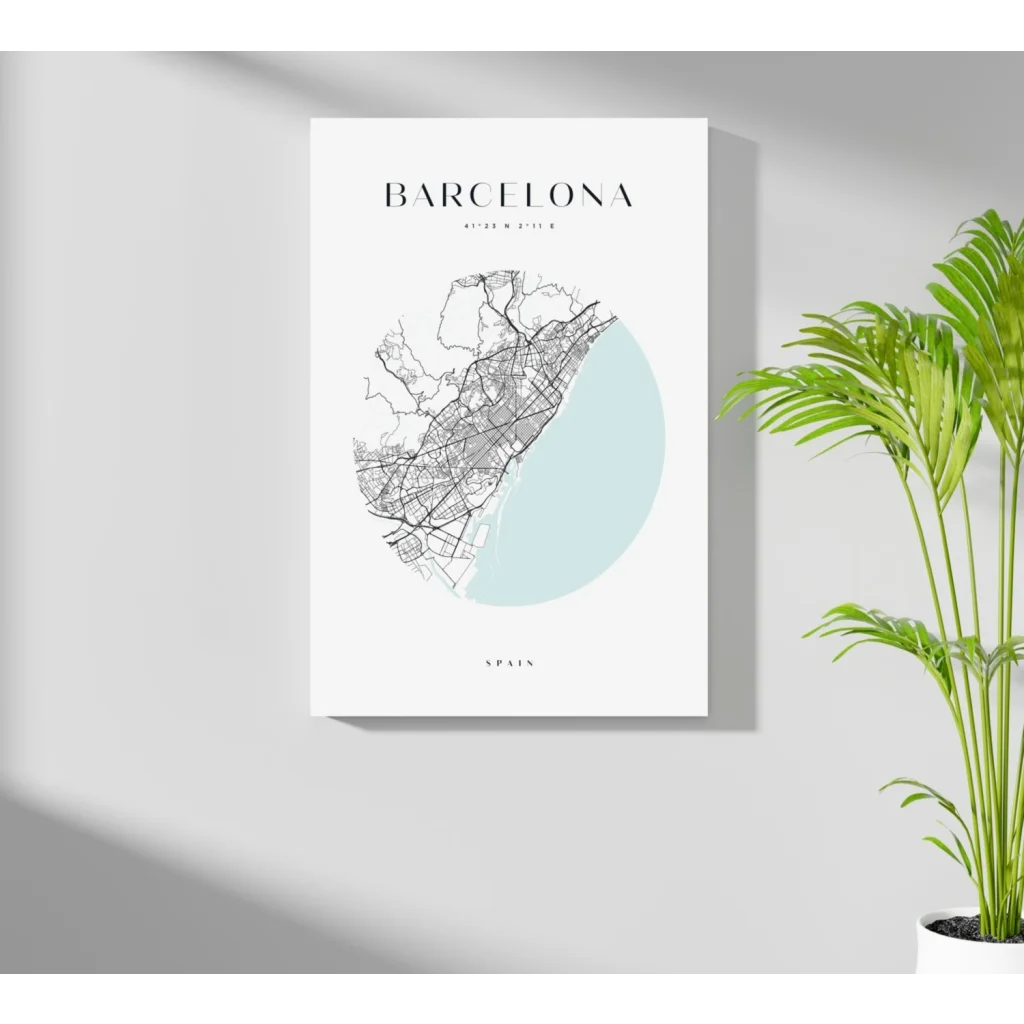Minimalist Barcelona map on insigne aluminum print, light blue coast