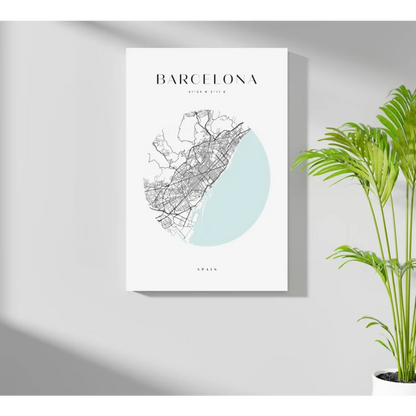 Minimalist Barcelona map on insigne aluminum print, light blue coast