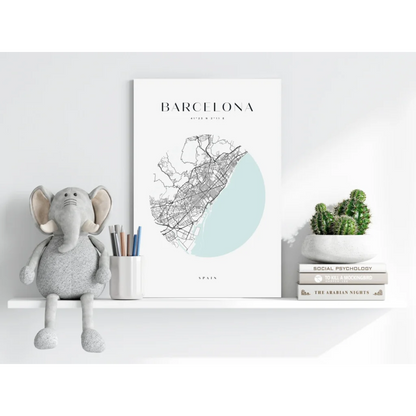 Minimalist Barcelona map insigne aluminum print with gray streets and mint sea