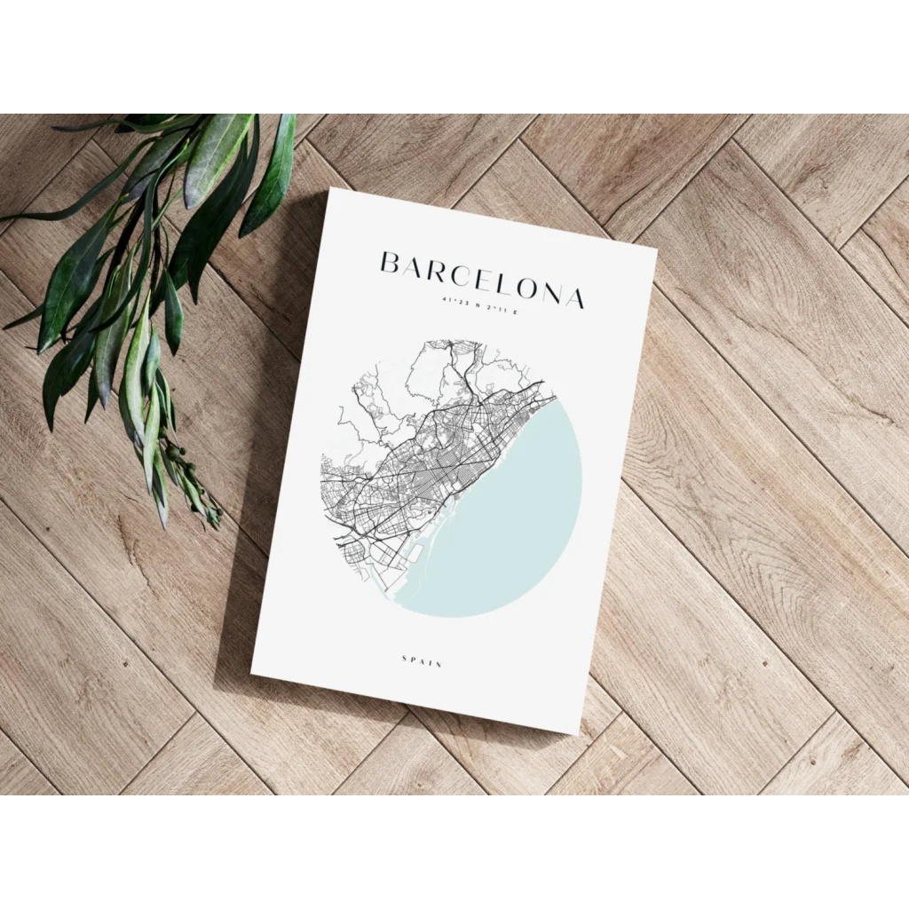 Minimalist Barcelona map insigne aluminum print in black and light blue