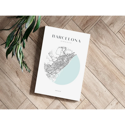 Minimalist Barcelona map insigne aluminum print in black and light blue