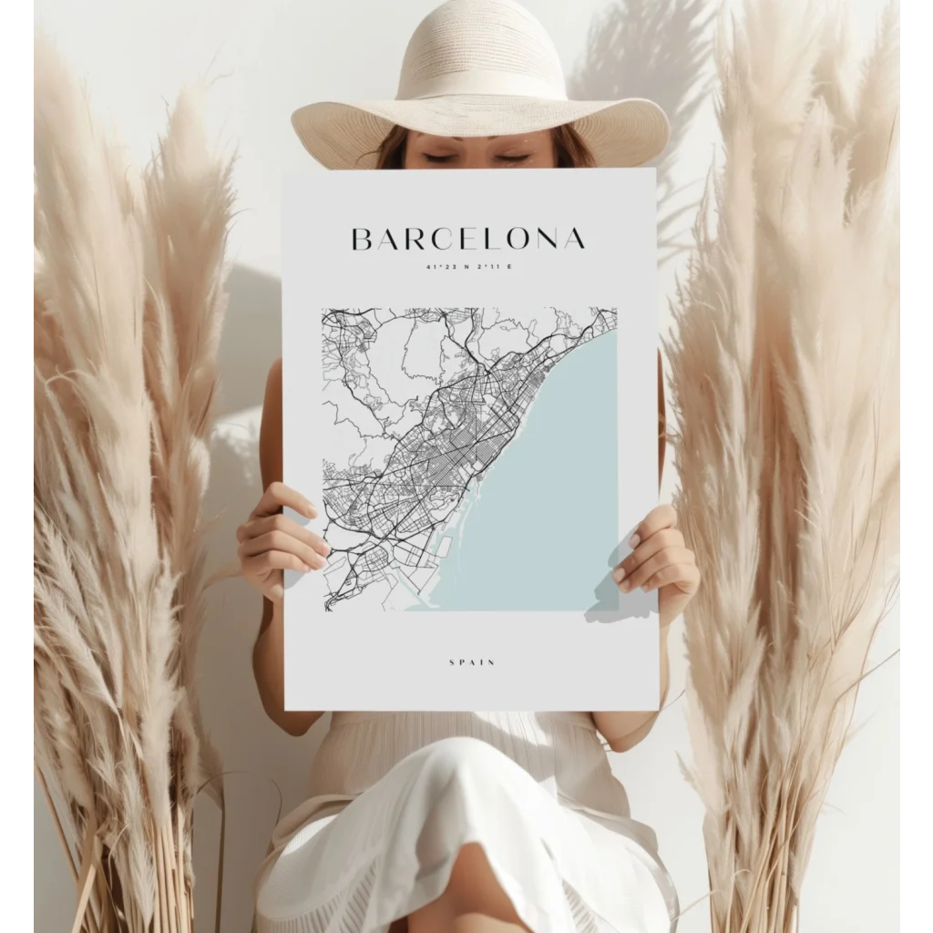 Barcelona Map Insigne Aluminum Prints in Minimalist Style | Contemporary Home Wall Art | vintageantiquesgifts.com