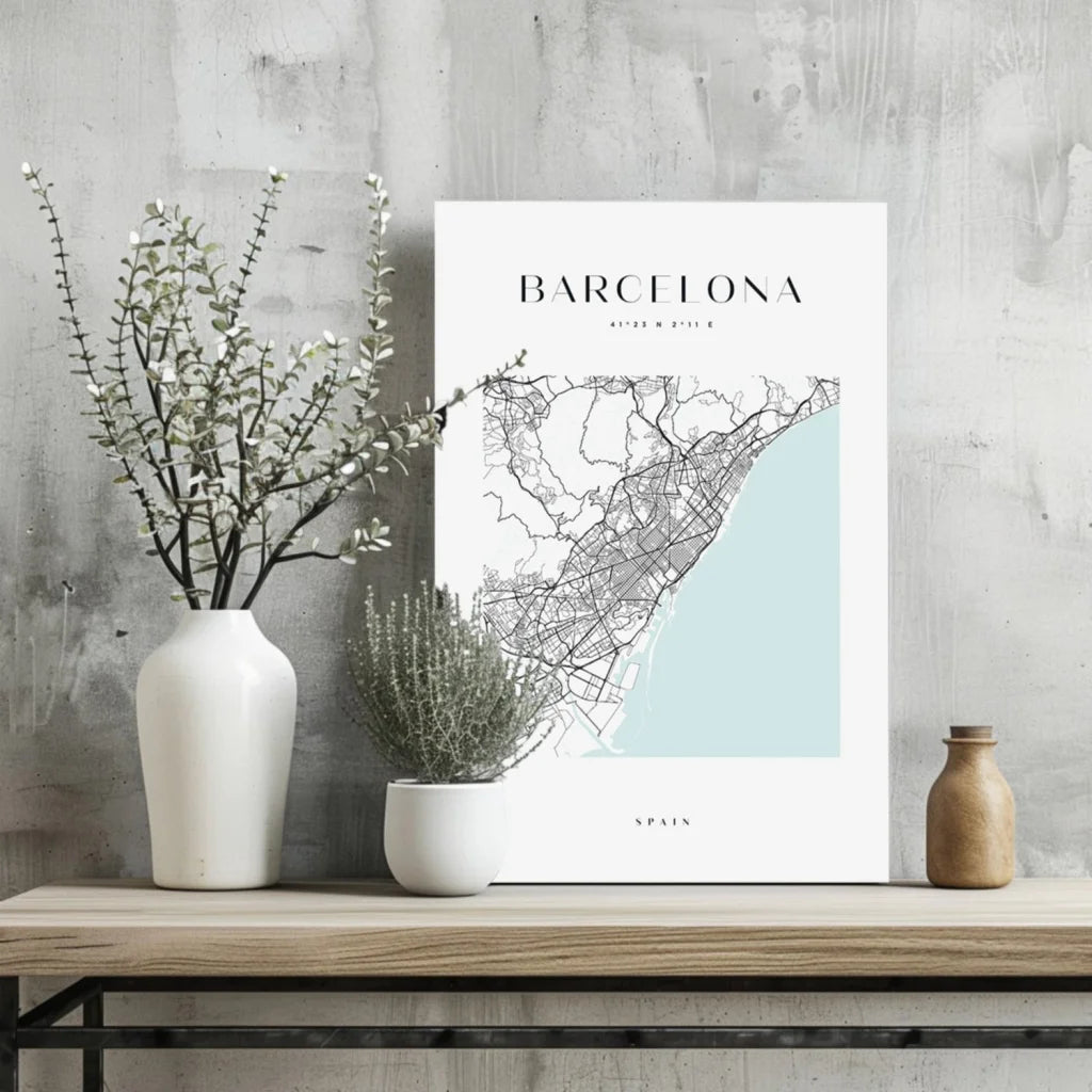Barcelona Map Insigne Aluminum Prints in Minimalist Style | Glass Wall Art Print | vintageantiquesgifts.com