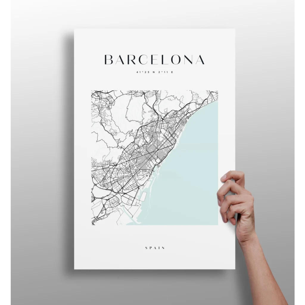 Barcelona Map Insigne Aluminum Prints in Minimalist Style | Insigneart USA | vintageantiquesgifts.com