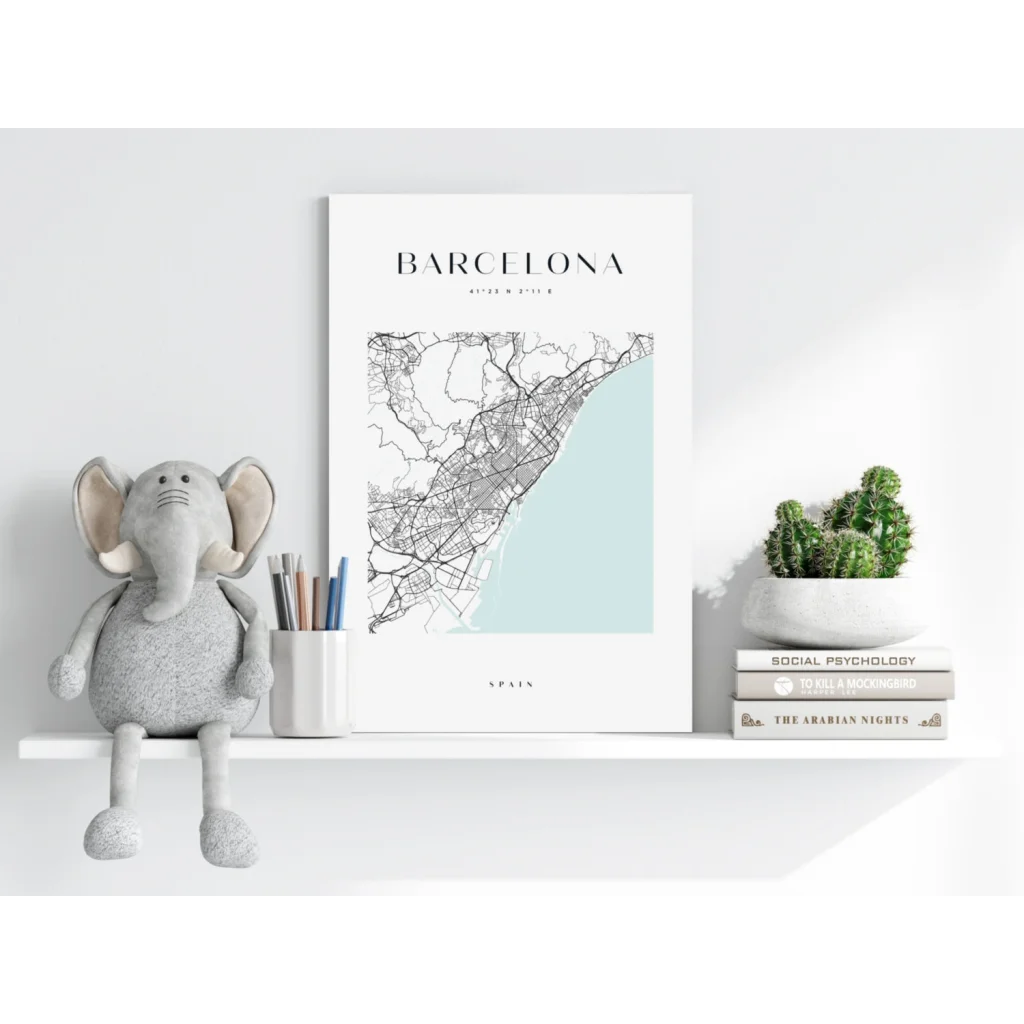 Minimalist Barcelona map on insigne aluminum prints, light blue coast black streets