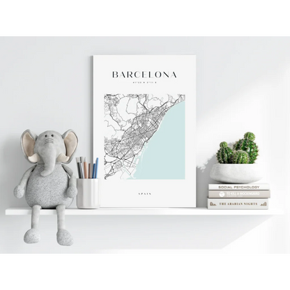 Minimalist Barcelona map on insigne aluminum prints, light blue coast black streets