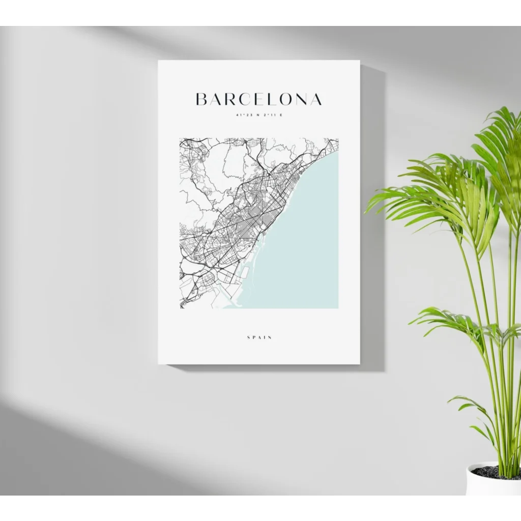 Minimalist Barcelona map on insigne aluminum print, black lines on white with blue sea