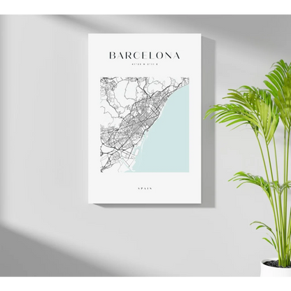 Minimalist Barcelona map on insigne aluminum print, black lines on white with blue sea