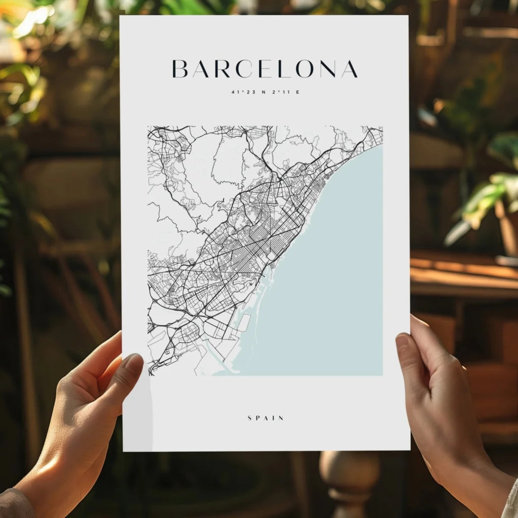 Minimalist Barcelona map insigne aluminum print in black line art