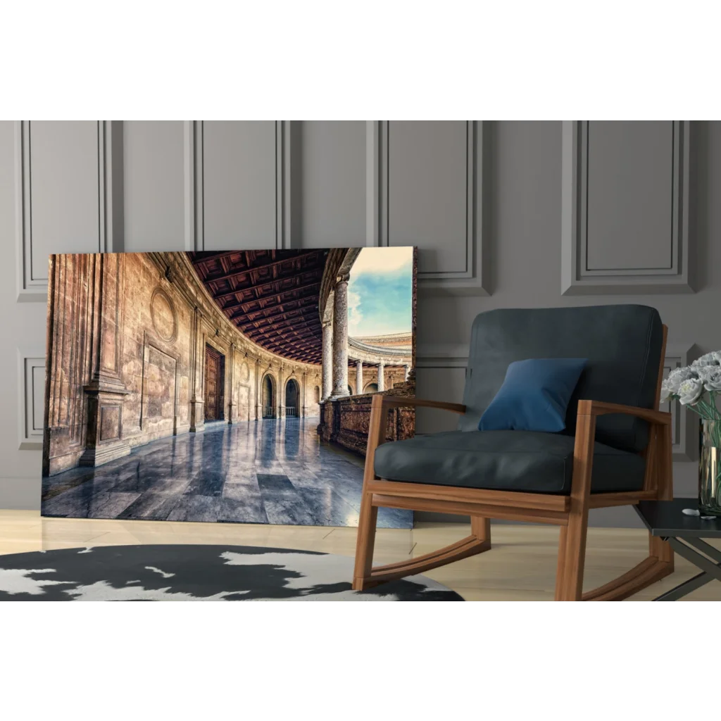 Grand marble hallway canvas wall art print with arched stone interior