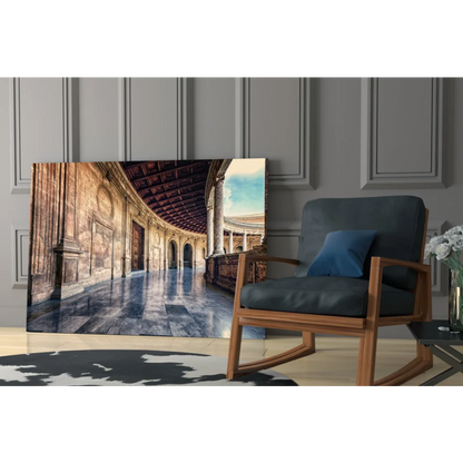 Grand marble hallway canvas wall art print with arched stone interior