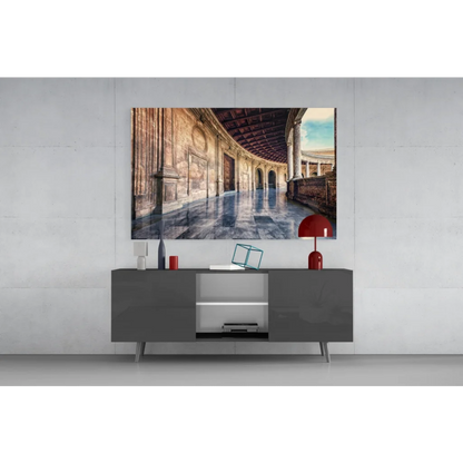 Red dome table lamp in glossy finish on Grand Marble Hallway wall art