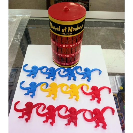 Vintage 1965 Lakeside Toys plastic monkeys game in red, yellow, blue