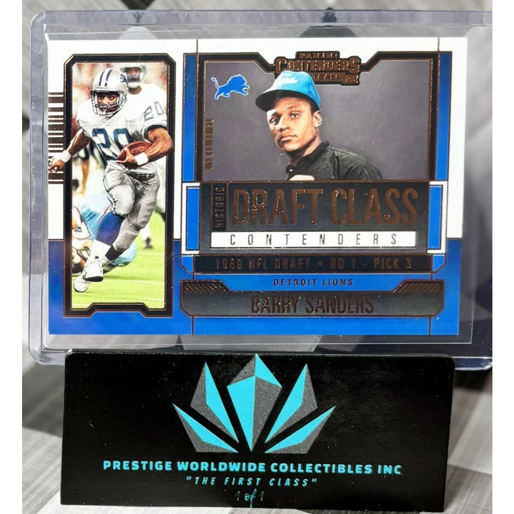 2019 Panini Contenders Barry Sanders dual jersey patch card from Prestige Worldwide Collectibles