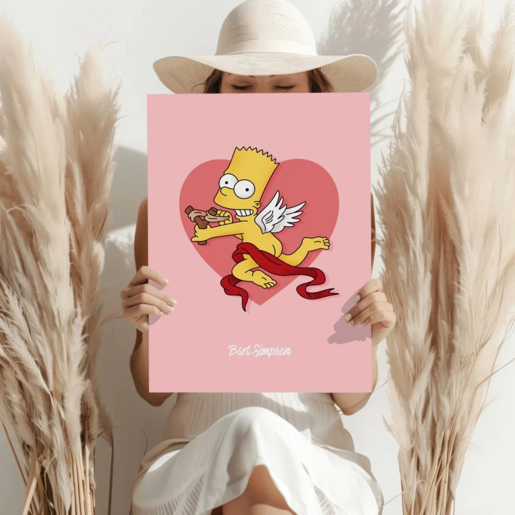 Bart Simpson heart angel poster on pink white background aluminum print