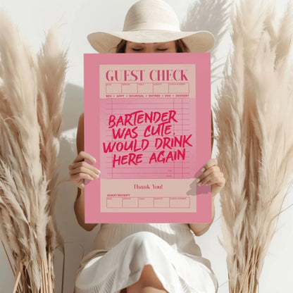 Pink guest check poster on aluminum print, cute bartender design