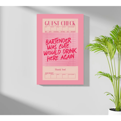Pink guest check book with cute bartender note on aluminum print