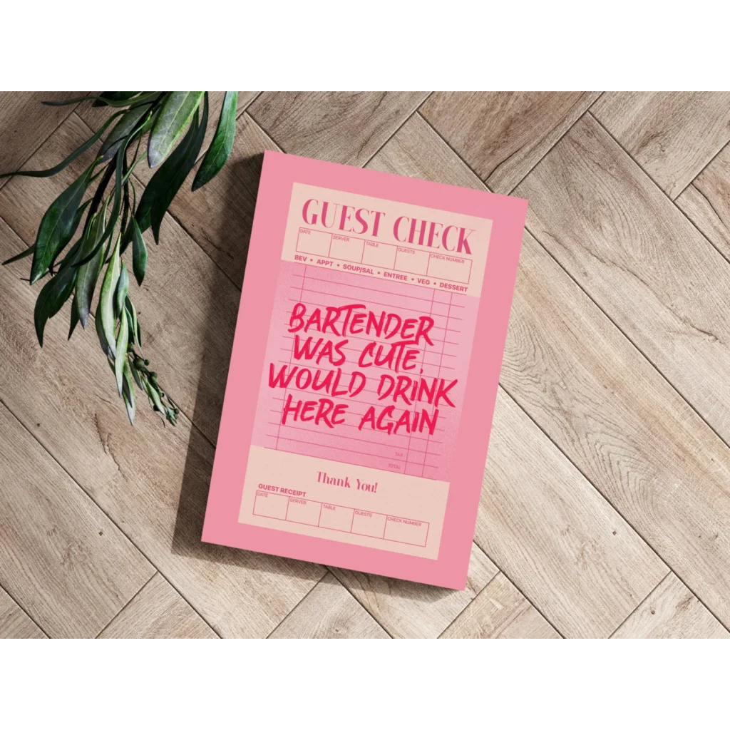 Pink guest check pad with white grid lines on wooden floor, cute bartender print